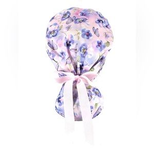Nursing Scrub Cap with Ribbon Ponytail - Flower Butterfly